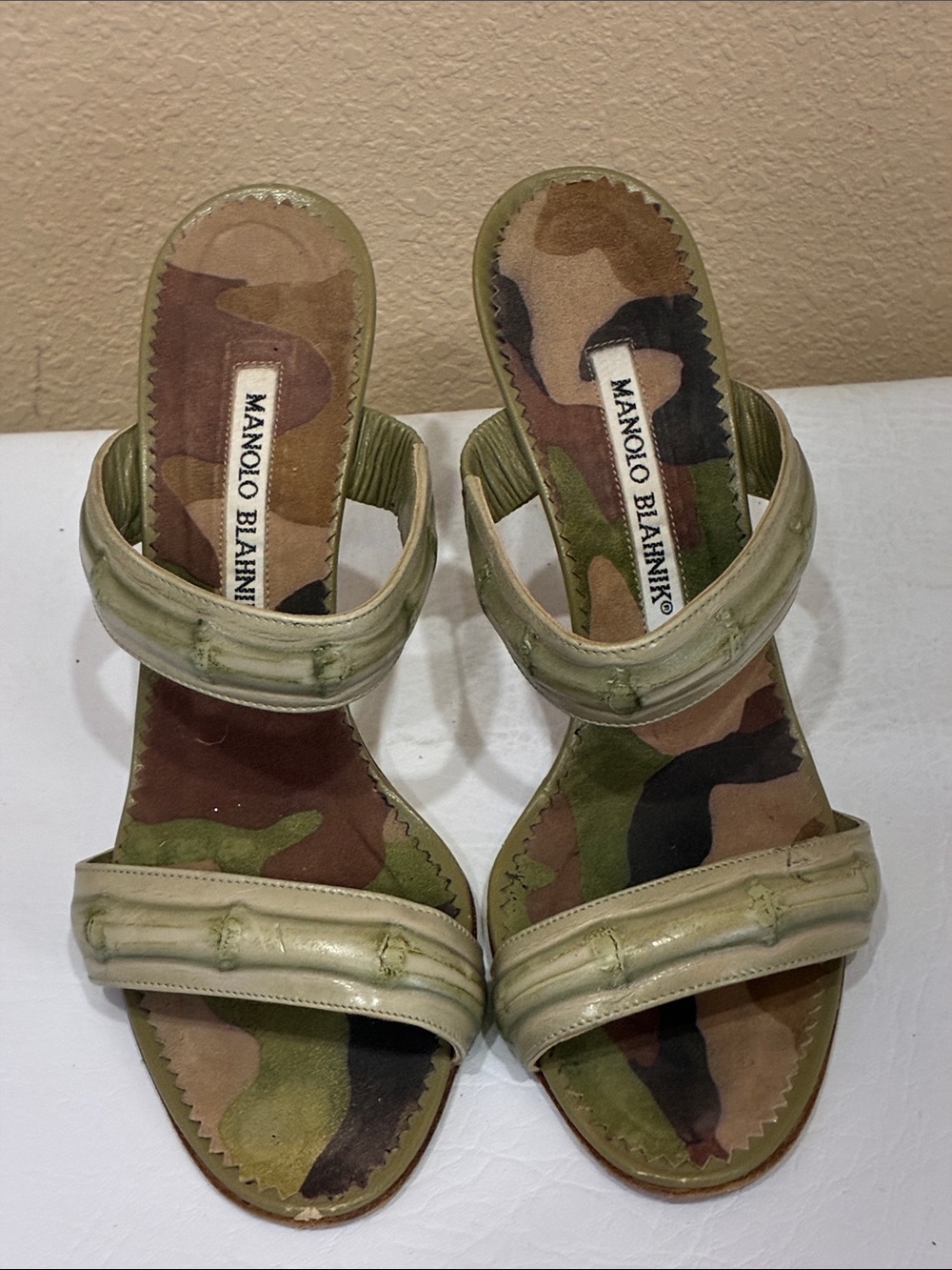 Manolo Blahnik Olive Green Slide Sandals with Camo Insole - Picture 2 of 9